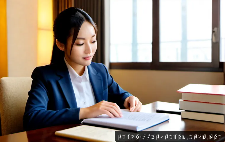 호텔 필기 시험에서 자주 묻는 주제 - Photorealistic hotel management exam preparation scene, a focused young adult seated at a tidy desk ...